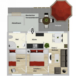 Grundriss des Appartements. Zugang über die große Terrasse Grundriss des Appartements. Zugang über die große Terrasse
